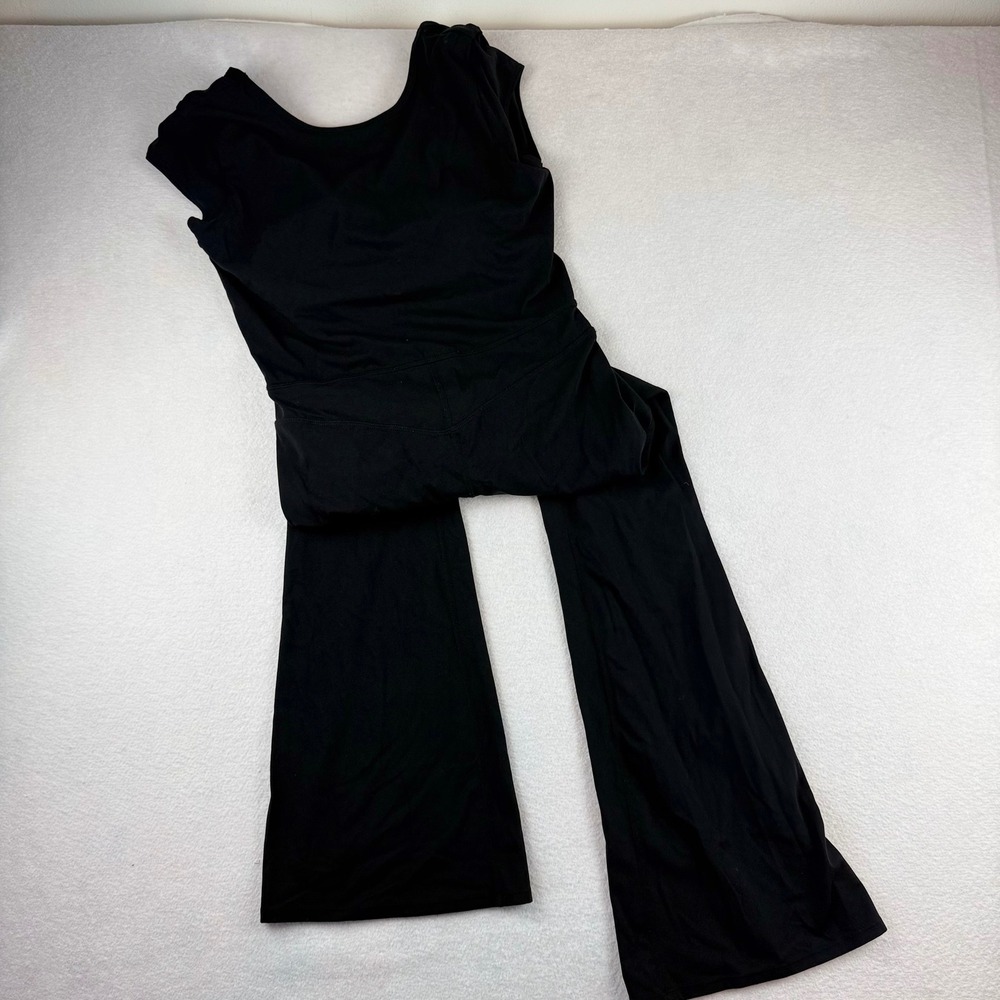 JoyLab Womens Black Cap Sleeve Flare Leg Athletic Jumpsuit Bodysuit Shelf Bra